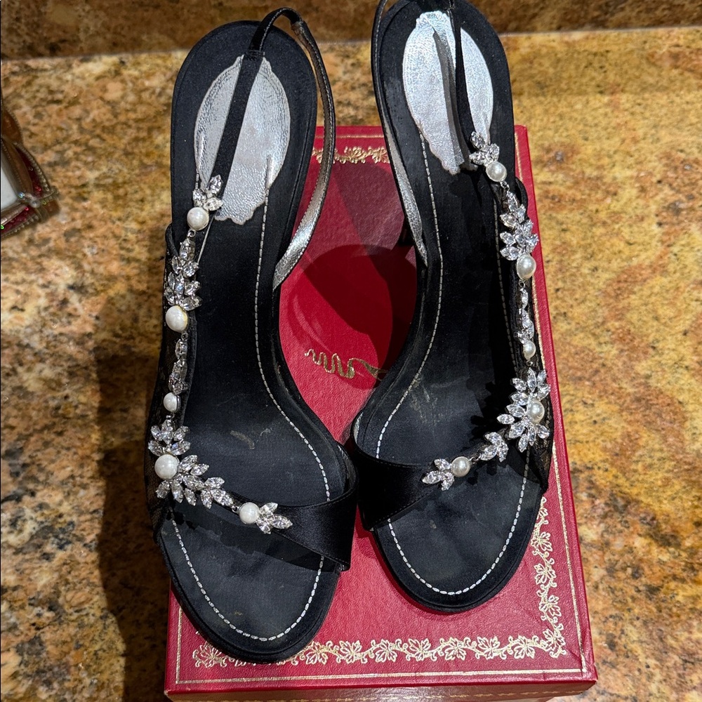 Rene Caovilla Black Heels  with Lace, Crystal and Pearl Accents Sz 40